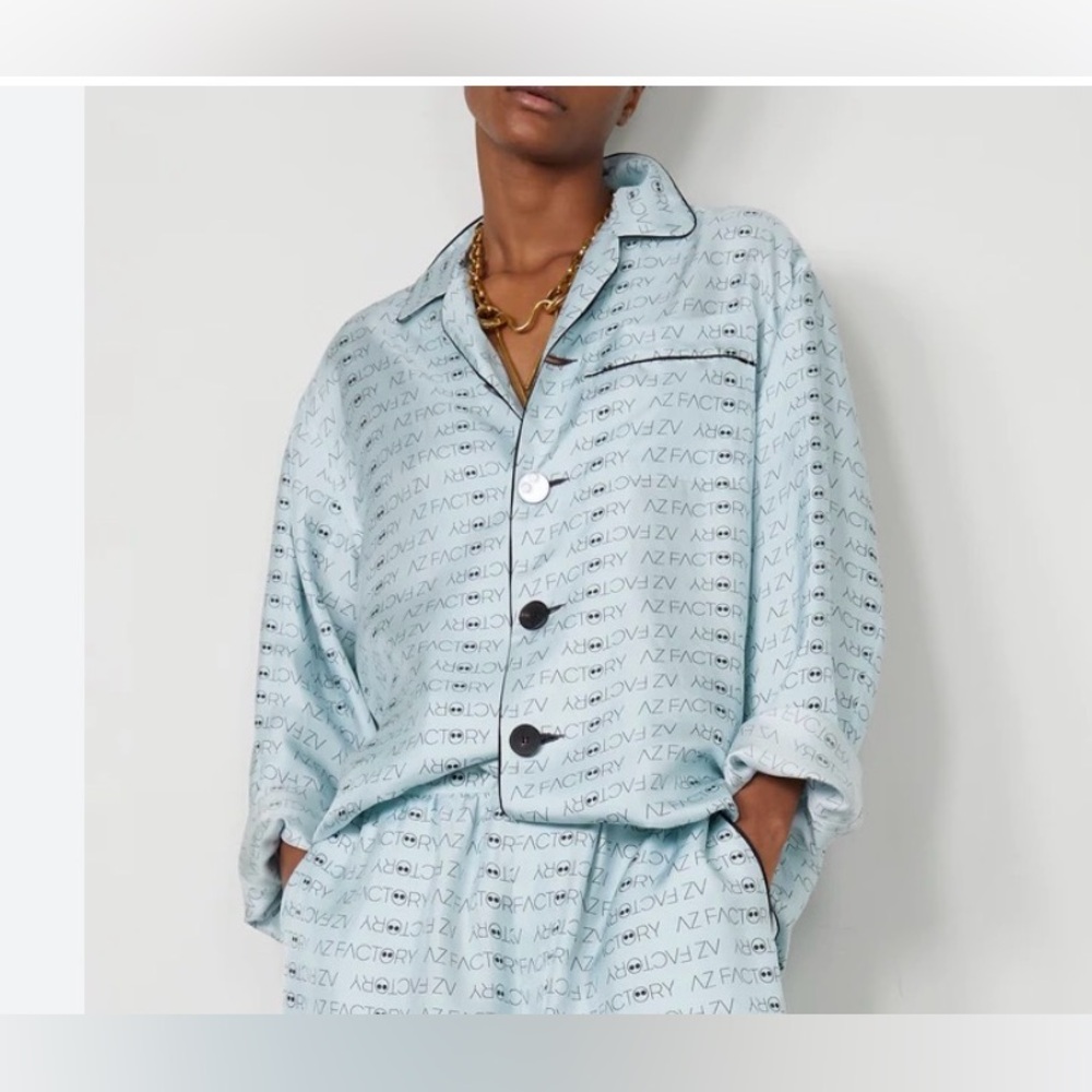 AZ Factory- Look But Don't Touch Printed 100% Silk Pajama Shirt. Size FR 38
